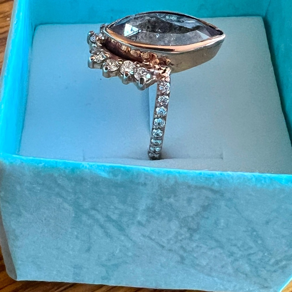 Beautiful custom designed 2 carat salt and pepper marquis diamond ring. Size 5